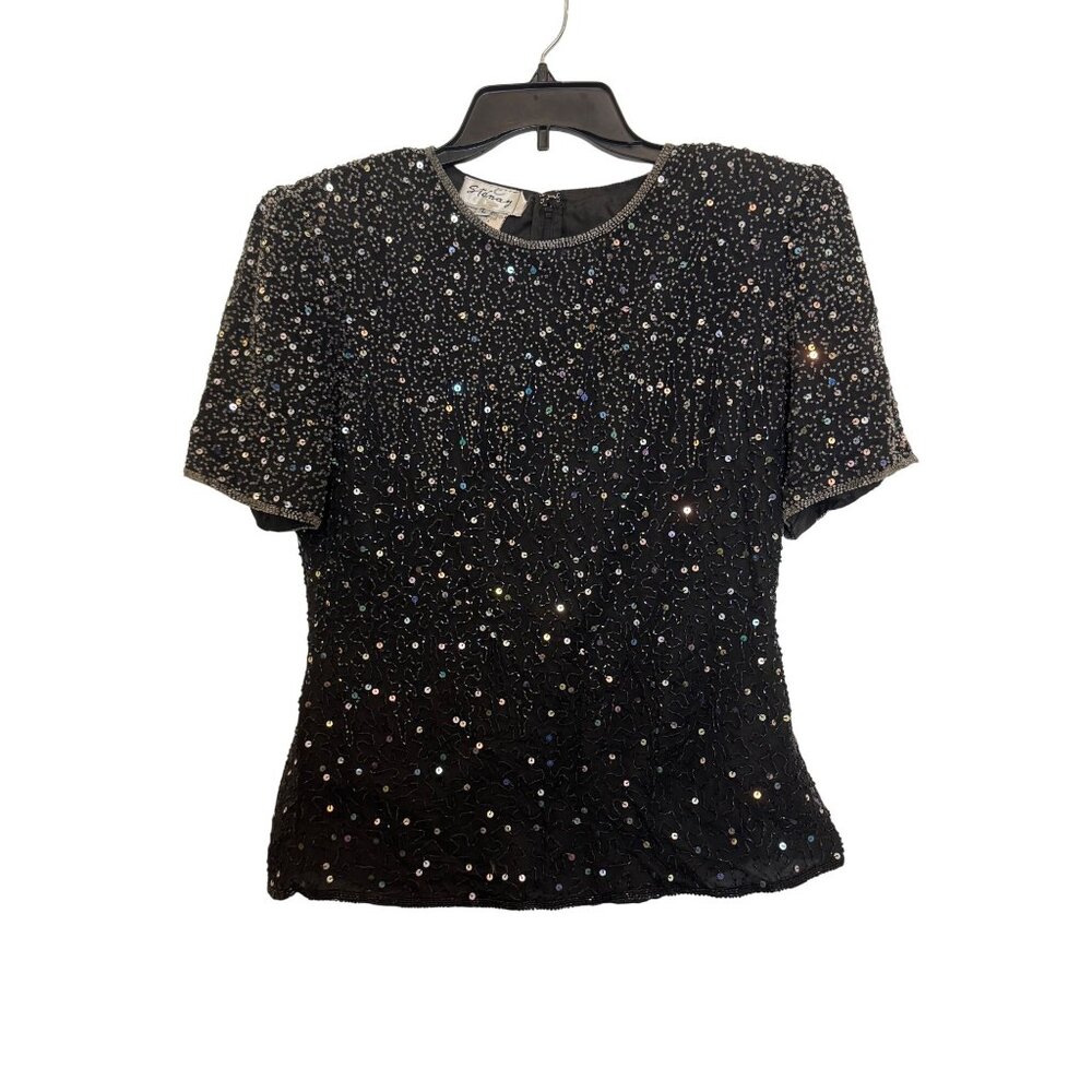 Vintage Sténay Beaded Sequin Womens Top L Black Polyester Short Sleeve Vintage S
